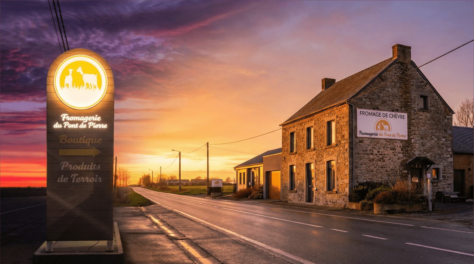 La Fromagerie du Pont de Pierre à Vodecée : la boutique et l'atelier au bord de la route, au coucher du soleil